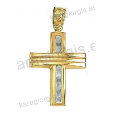 Δίχρωμος βαπτιστικός σταυρός για αγόρι Κ14 χρυσός με λευκόχρυσο με λουστρέ και γραμμωτό φινίρισμα 