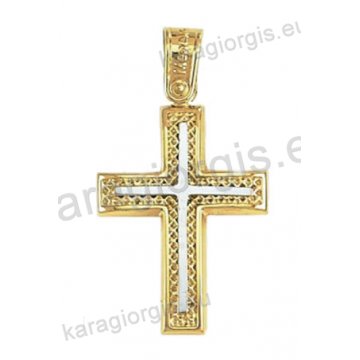 Δίχρωμος βαπτιστικός σταυρός για αγόρι Κ14 χρυσός με λευκόχρυσο με λουστρέ και χιαστί φινίρισμα