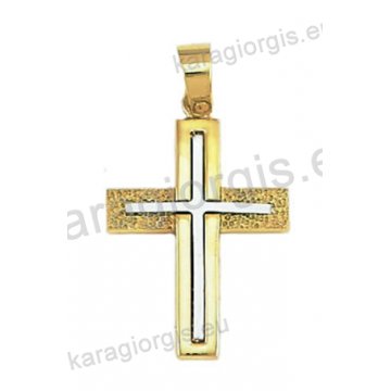 Δίχρωμος βαπτιστικός σταυρός για αγόρι Κ14 χρυσός με λευκόχρυσο με λουστρέ και σφυρίλατο φινίρισμα