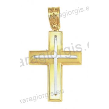 Δίχρωμος βαπτιστικός σταυρός για αγόρι Κ14 χρυσός με λευκόχρυσο με λουστρέ και ματ φινίρισμα
