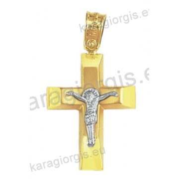 Δίχρωμος βαπτιστικός σταυρός για αγόρι Κ14 χρυσός με λευκόχρυσο εσταυρωμένο και λουστρέ φινίρισμα 