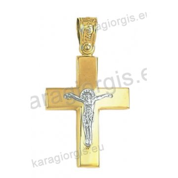 Δίχρωμος βαπτιστικός σταυρός για αγόρι Κ14 χρυσός με λευκόχρυσο εσταυρωμένο και λουστρέ φινίρισμα 