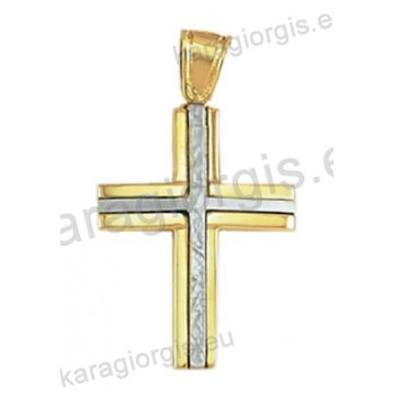 Δίχρωμος βαπτιστικός σταυρός για αγόρι Κ14 χρυσός με λευκόχρυσο με λουστρέ και σφυρίλατο φινίρισμα 