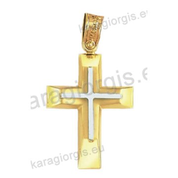 Δίχρωμος βαπτιστικός σταυρός για αγόρι Κ14 χρυσός με λευκόχρυσο με λουστρέ φινίρισμα
