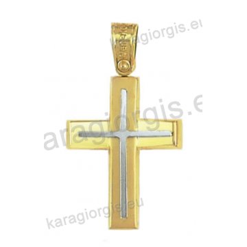 Δίχρωμος βαπτιστικός σταυρός για αγόρι Κ14 χρυσός με λευκόχρυσο με λουστρέ και ματ φινίρισμα
