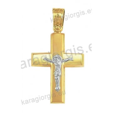 Δίχρωμος βαπτιστικός σταυρός για αγόρι Κ14 χρυσός με λευκόχρυσο εσταυρωμένο με λουστρέ και ματ φινίρισμα 