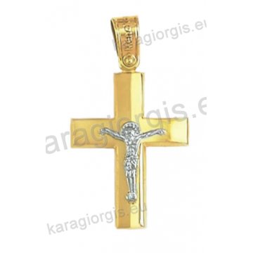 Δίχρωμος βαπτιστικός σταυρός για αγόρι Κ14 χρυσός με λευκόχρυσο εσταυρωμένο με λουστρέ και ματ φινίρισμα 