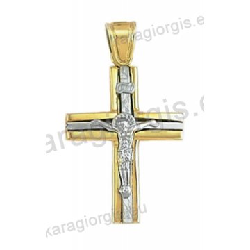 Δίχρωμος βαπτιστικός σταυρός για αγόρι Κ14 χρυσός με λευκόχρυσο εσταυρωμένο με λουστρέ και σαγρέ φινίρισμα 