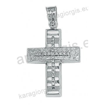 Λευκόχρυσος βαπτιστικός σταυρός Κ14 για κορίτσι με λουστρέ και διαμαντέ φινίρισμα και άσπρες πέτρες ζιργκόν