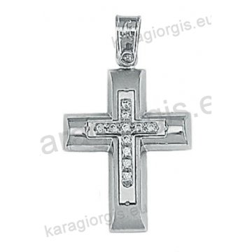 Λευκόχρυσος βαπτιστικός σταυρός Κ14 για κορίτσι με λουστρέ και ματ φινίρισμα και άσπρες πέτρες ζιργκόν