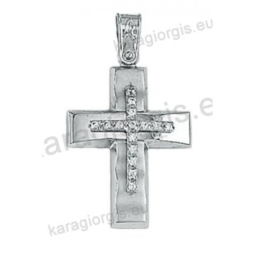 Λευκόχρυσος βαπτιστικός σταυρός Κ14 για κορίτσι με λουστρέ και ματ φινίρισμα και άσπρες πέτρες ζιργκόν