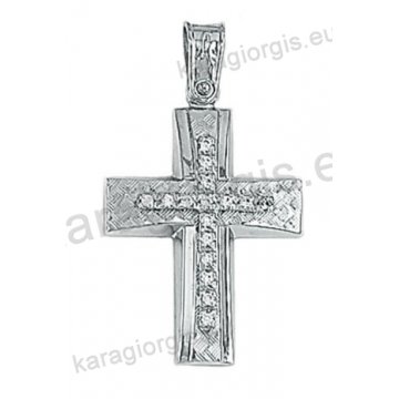 Λευκόχρυσος βαπτιστικός σταυρός Κ14 για κορίτσι με λουστρέ και διαμαντέ φινίρισμα και άσπρες πέτρες ζιργκόν