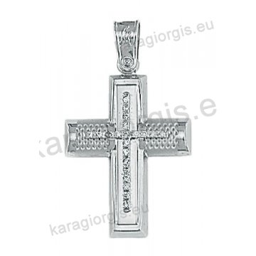 Λευκόχρυσος βαπτιστικός σταυρός Κ14 για κορίτσι με λουστρέ και σφυρίλατο φινίρισμα και άσπρες πέτρες ζιργκόν