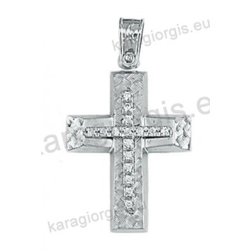 Λευκόχρυσος βαπτιστικός σταυρός Κ14 για κορίτσι με ματ και διαμαντέ φινίρισμα και άσπρες πέτρες ζιργκόν