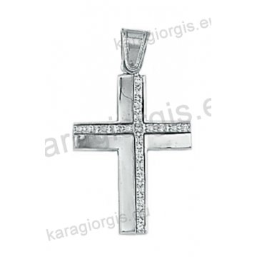 Λευκόχρυσος βαπτιστικός σταυρός Κ14 για κορίτσι με λουστρέ φινίρισμα και άσπρες πέτρες ζιργκόν