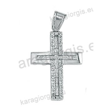 Λευκόχρυσος βαπτιστικός σταυρός Κ14 για κορίτσι με λουστρέ και σφυρίλατο φινίρισμα και άσπρες πέτρες ζιργκόν
