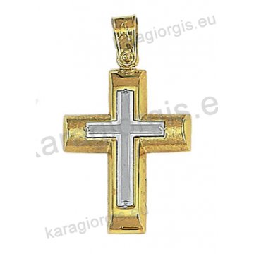 Δίχρωμος βαπτιστικός σταυρός Κ14 για αγόρι χρυσός με λευκόχρυσο με λουστρέ και σαγρέ φινίρισμα και ένθετο λευκόχρυσο σταυρό