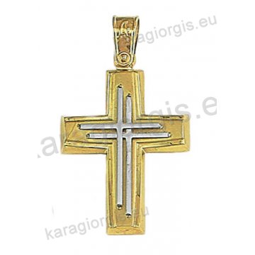 Δίχρωμος βαπτιστικός σταυρός Κ14 για αγόρι χρυσός με λευκόχρυσο με ματ φινίρισμα και ένθετο διπλό λευκόχρυσο σταυρό