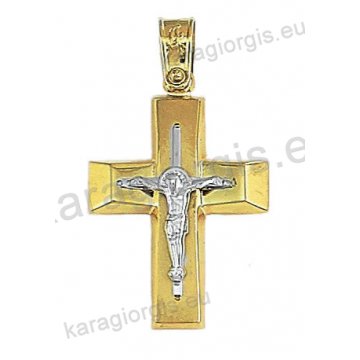 Δίχρωμος βαπτιστικός σταυρός Κ14 για αγόρι χρυσός με λευκόχρυσο με λουστρέ και ματ φινίρισμα και ένθετο λευκόχρυσο εσταυρωμένο