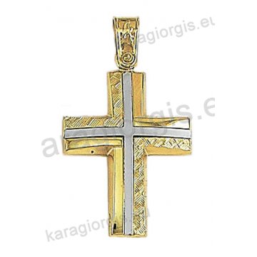 Δίχρωμος βαπτιστικός σταυρός Κ14 για αγόρι χρυσός με λευκόχρυσο με διαμαντέ και λουστρέ φινίρισμα και ένθετο λευκόχρυσο σταυρό