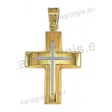 Δίχρωμος βαπτιστικός σταυρός Κ14 για αγόρι χρυσός με λευκόχρυσο με λουστρέ φινίρισμα και ένθετο λευκόχρυσο σταυρό
