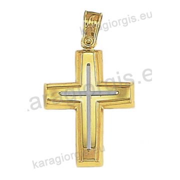 Δίχρωμος βαπτιστικός σταυρός Κ14 για αγόρι χρυσός με λευκόχρυσο με λουστρέ και ματ φινίρισμα με ένθετο λευκόχρυσο σταυρό