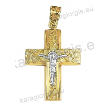 Δίχρωμος βαπτιστικός σταυρός Κ14 για αγόρι χρυσός με λευκόχρυσο με διαμαντέ και λουστρέ φινίρισμα και ένθετο λευκόχρυσο εσταυρωμένο