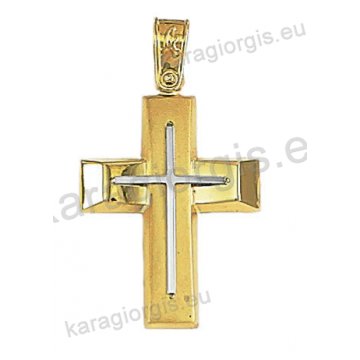 Δίχρωμος βαπτιστικός σταυρός Κ14 για αγόρι χρυσός με λευκόχρυσο με λουστρέ και ματ φινίρισμα με ένθετο λευκόχρυσο σταυρό
