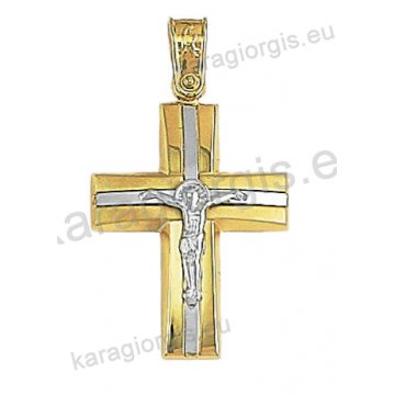 Δίχρωμος βαπτιστικός σταυρός Κ14 για αγόρι χρυσός με λευκόχρυσο με λουστρέ φινίρισμα και ένθετο λευκόχρυσο εσταυρωμένο