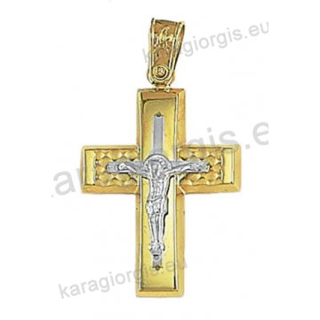 Δίχρωμος βαπτιστικός σταυρός Κ14 για αγόρι χρυσός με λευκόχρυσο με λουστρέ και σφυρίλατο φινίρισμα και ένθετο λευκόχρυσο σταυρό