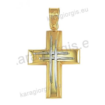 Δίχρωμος βαπτιστικός σταυρός Κ14 για αγόρι με λουστρέ και ματ φινίρισμα με ένθετο διπλό λευκόχρυσο σταυρό