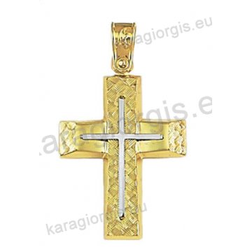 Δίχρωμος βαπτιστικός σταυρός Κ14 για αγόρι χρυσός με λευκόχρυσο με διαμαντέ και λουστρέ φινίρισμα και ένθετο λευκόχρυσο σταυρό