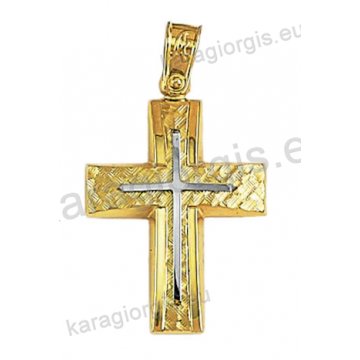 Δίχρωμος βαπτιστικός σταυρός Κ14 για αγόρι με ματ σφυρίλατο και λουστρέ φινίρισμα και ένθετο λευκόχρυσο σταυρό