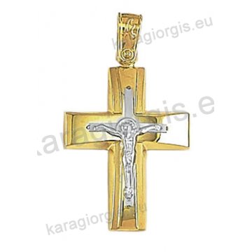 Δίχρωμος βαπτιστικός σταυρός Κ14 για αγόρι χρυσός με λευκόχρυσο με λουστρέ και ματ φινίρισμα με ένθετο λευκόχρυσο εσταυρωμένο