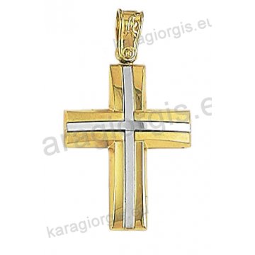 Δίχρωμος βαπτιστικός σταυρός Κ14 για αγόρι χρυσός με λευκόχρυσο με λουστρέ φινίρισμα