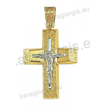 Δίχρωμος βαπτιστικός σταυρός Κ14 για αγόρι χρυσός με λευκόχρυσο με διαμαντέ και λουστρέ φινίρισμα και ένθετο λευκόχρυσο εσταυρωμένο