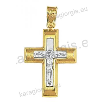 Δίχρωμος βαπτιστικός σταυρός Κ14 για αγόρι χρυσός με λευκόχρυσο με λουστρέ και σαγρέ φινίρισμα με ένθετο λευκόχρυσο εσταυρωμένο