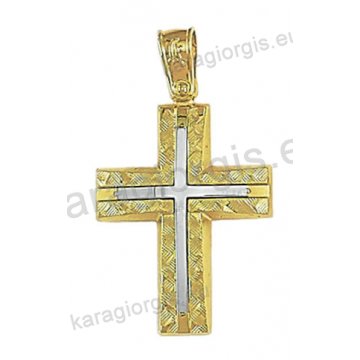 Δίχρωμος βαπτιστικός σταυρός Κ14 για αγόρι χρυσός με λευκόχρυσο με διαμαντέ και λουστρέ φινίρισμα και λευκόχρυσο σταυρό