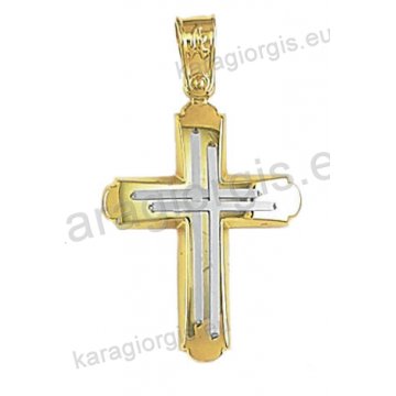 Δίχρωμος βαπτιστικός σταυρός Κ14 για αγόρι χρυσός με λευκόχρυσο με λουστρέ φινίρισμα και ένθετο διπλό λευκόχρυσο σταυρό