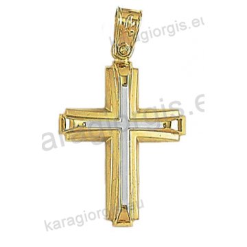 Δίχρωμος βαπτιστικός σταυρός Κ14 για αγόρι χρυσός με λευκόχρυσο με λουστρέ και ματ φινίρισμα