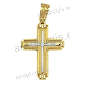 Δίχρωμος βαπτιστικός σταυρός Κ14 για αγόρι χρυσός με λευκόχρυσο με λουστρέ και ματ φινίρισμα και ένθετο λευκόχρυσο σταυρό
