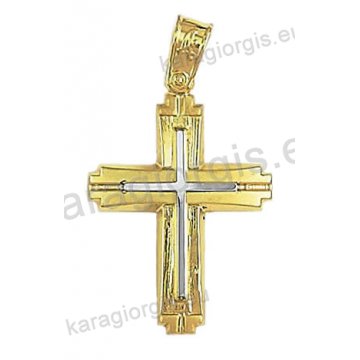 Δίχρωμος βαπτιστικός σταυρός Κ14 για αγόρι χρυσός με λευκόχρυσο με σαγρέ λουστρέ και ματ φινίρισμα και ένθετο λευκόχρυσο σταυρό