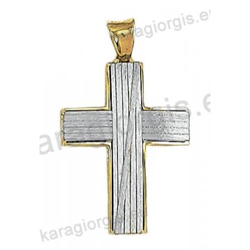 Δίχρωμος βαπτιστικός σταυρός Κ14 για αγόρι χρυσός με λευκόχρυσο με λουστρέ φινίρισμα με ματ ένθετες κάθετες και οριζόντιες γραμμές