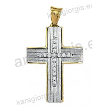 Δίχρωμος βαπτιστικός σταυρός Κ14 για κορίτσι χρυσός με λευκόχρυσο με λουστρέ φινίρισμα με ματ ένθετες κάθετες και οριζόντιες γραμμές και άσπρες πέτρες ζιργκόν