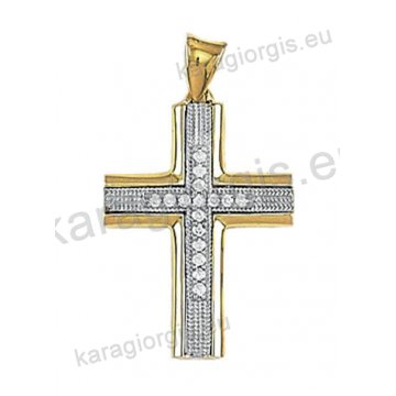 Δίχρωμος βαπτιστικός σταυρός Κ14 για κορίτσι χρυσός με λευκόχρυσο με λουστρέ και σφυρίλατο φινίρισμα με άσπρες πέτρες ζιργκόν