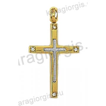Δίχρωμος βαπτιστικός σταυρός Κ14 για κορίτσι χρυσός με λευκόχρυσο με λουστρέ φινίρισμα και άσπρες πέτρες ζιργκόν