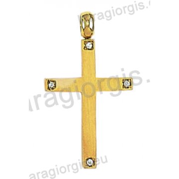 Δίχρωμος βαπτιστικός σταυρός Κ14 για κορίτσι χρυσός με λευκόχρυσο με ματ φινίρισμα και άσπρες πέτρες ζιργκόν