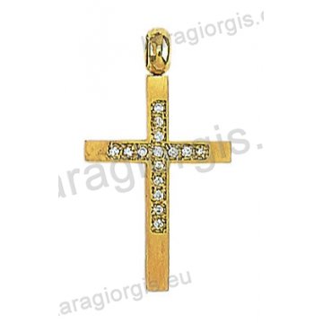 Χρυσός βαπτιστικός σταυρός Κ14 για κορίτσι με ματ φινίρισμα και άσπρες πέτρες ζιργκόν