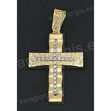 Δίχρωμος βαπτιστικός σταυρός Κ14 χρυσός με λευκόχρυσο για κορίτσι με λουστρέ και διαμαντέ φινίρισμα και άσπρες πέτρες ζιργκόν