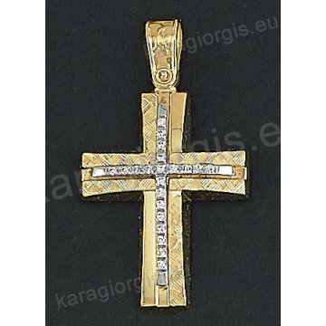 Δίχρωμος βαπτιστικός σταυρός Κ14 χρυσός με λευκόχρυσο για κορίτσι με λουστρέ και διαμαντέ φινίρισμα και άσπρες πέτρες ζιργκόν